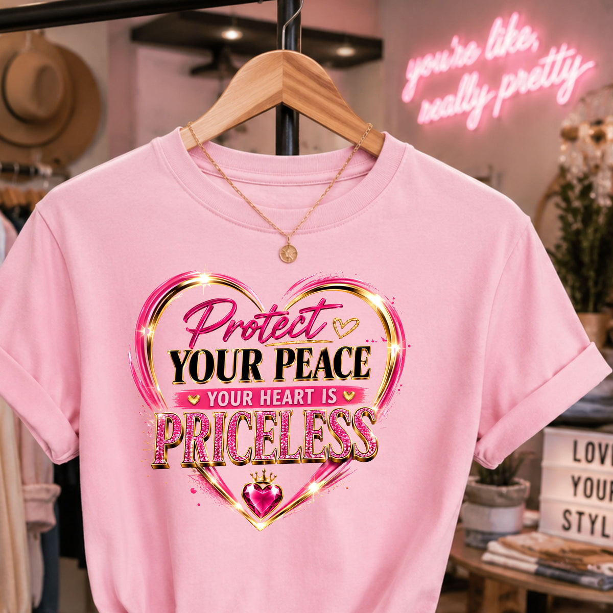 Protect Your Peace – Your Heart Is Priceless | Sublimation, DTF Transfer & T-Shirt (Pink)